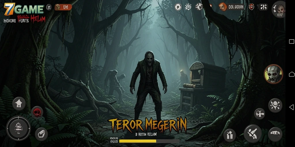Tampilan antarmuka menegangkan di dalam hutan angker.