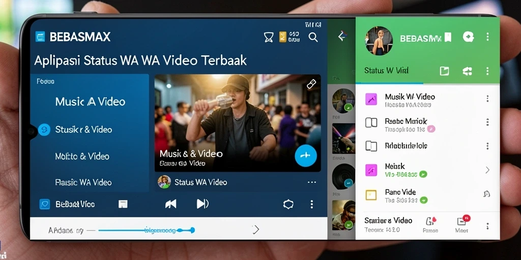 Antarmuka BEBASMAX dengan berbagai pilihan Status WA Video.