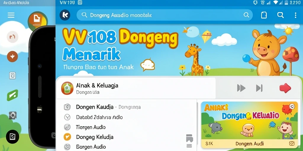 Tampilan antarmuka pengguna VW108 yang ramah anak dengan pilihan dongeng audio.
